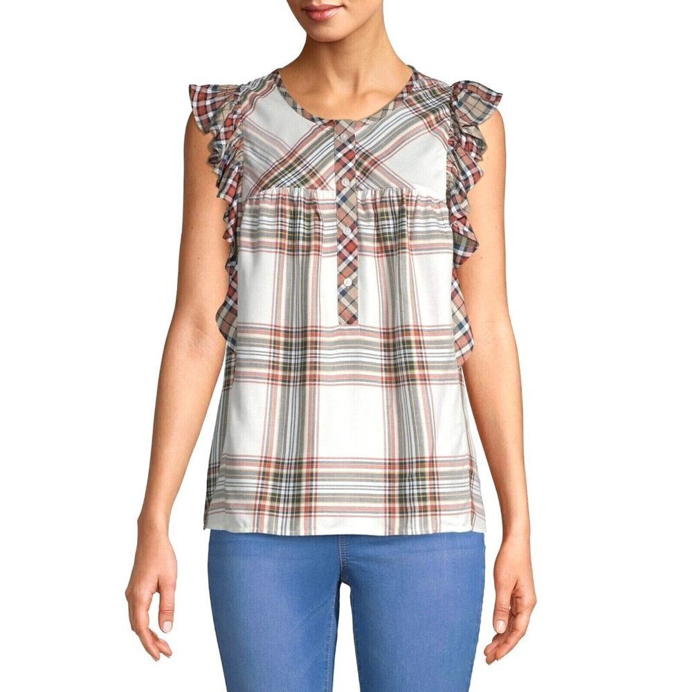 Time & Tru Womens ruffled tank top Plaid flutter/Cap Sleeve Sz M multicolor EUC - Picture 3 of 12